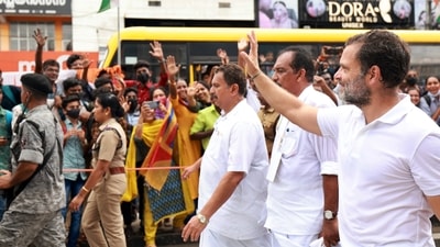 Ernakulam, Sept 22 (ANI): Congress leader Rahul Gandhi waves to his supporters during his party's Bharat Jodo Yatra, in Ernakulam on Thursday. (ANI Photo) (ANI) Ernakulam, Sept 22 (ANI): Congress leader Rahul Gandhi waves to his supporters during his party's Bharat Jodo Yatra, in Ernakulam on Thursday. (ANI Photo) (ANI)