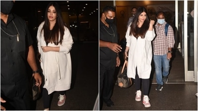 Aishwarya Rai posed for the cameras outside the airport. (HT Photos/Varinder Chawla) Aishwarya Rai posed for the cameras outside the airport. (HT Photos/Varinder Chawla)