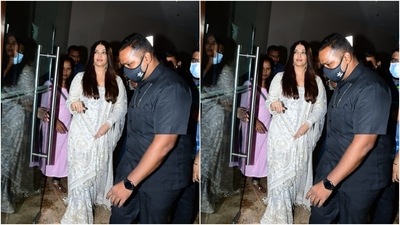 Aishwarya, for the weekend promotions, chose to go white in a sequined gharara set. (HT Photos/Varinder Chawla) Aishwarya, for the weekend promotions, chose to go white in a sequined gharara set. (HT Photos/Varinder Chawla)