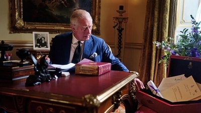 King Charles III: King Charles III pictured with his official red box. (Twitter)