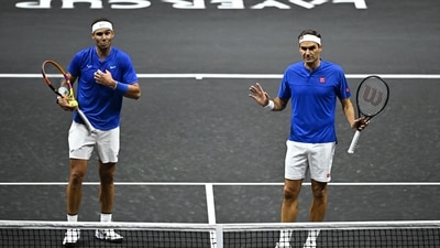 Team Europe's Rafael Nadal and Roger Federer during their doubles match against Team World's Jack Sock and Frances Tiafoe&nbsp; (REUTERS)