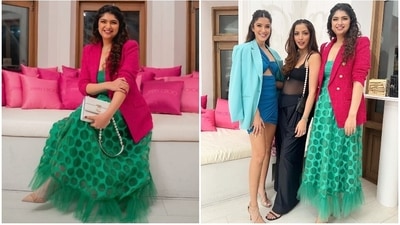 Recently, Anshula Kapoor did a photoshoot and shared the images on Instagram. She captioned her post, "All dressed up for Choo." While the dress and the blazer are from Geisha Designs by designer-duo Paras and Shalini, the bag is from the shelves of the luxury label Jimmy Choo. Celebrity stylist Mohit Rai styled Anshula for the shoot. (Instagram)