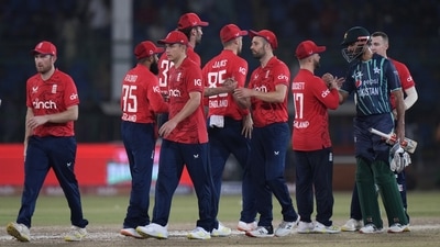 Pakistan Shan Masood, right, shakes hand with England's player on the end of the third twenty20 cricket match between Pakistan and England, in Karachi, Pakistan, Friday, Sept. 23, 2022. (AP Photo/Anjum Naveed (AP) Pakistan Shan Masood, right, shakes hand with England's player on the end of the third twenty20 cricket match between Pakistan and England, in Karachi, Pakistan, Friday, Sept. 23, 2022. (AP Photo/Anjum Naveed (AP)