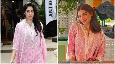 Janhvi Kapoor and Khushi Kapoor wear the same pink cotton suit set. Janhvi Kapoor and Khushi Kapoor wear the same pink cotton suit set. 