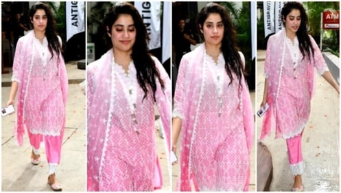 Janhvi Kapoor in the pink cotton suit set. (Instagram) Janhvi Kapoor in the pink cotton suit set. (Instagram)