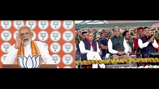 Prime Minister Narendra Modi addressing Yuva Vijay Sankalp Rally organised by Bharatiya Janata Yuva Morcha (BJYM), in Mandi, Himachal Pradesh, through video conferencing from in New Delhi on Saturday. Himachal Pradesh CM Jairam Thakur and others also seen. (ANI)