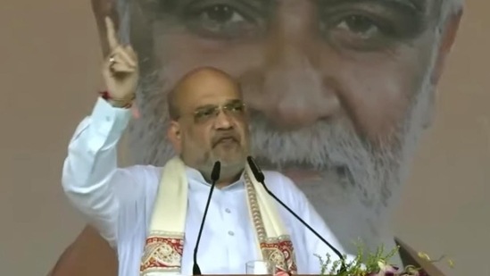 Amit Shah addresses the gathering during BJP's Jan Bhavna Rally, in Purnia, Bihar.&nbsp;(Santosh Kumar/HT Photo)