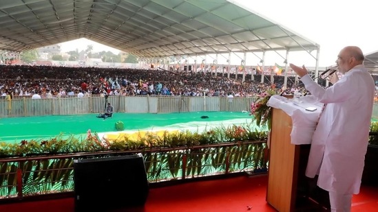 Amit Shah reached Kishanganj in the evening and held a marathon meeting with MLAs, MPs and other office-bearers of the state where the party lost power in the last month's upheaval.(HT Photo/Santosh Kumar)