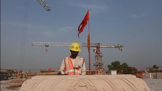 A construction worker at the Ram temple project site in Ayodhya. (FILE PHOTO)