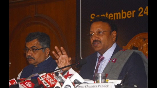 Chief election commissioner of India Rajiv Kumar addressing the media during a press conference in Shimla on Friday. (Deepak Sansta/HT)