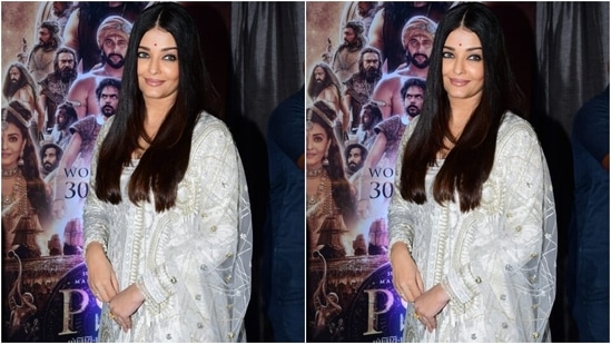 Aishwarya looked every bit stunning as she picked a silver gharara set. She decked up in a full sleeved white and silver kurta and teamed it with a gharara of the same design. She added more ethnic vibes to her look with a silver dupatta sequined in silver resham threads.(HT Photos/Varinder Chawla)