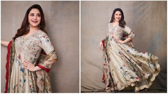 Madhuri Dixit has kickstarted the promotions of her upcoming film Maja Ma. Recently, she stepped out for an event wearing a gorgeous beige floral anarkali suit worth more than a lakh.(Instagram/@madhuridixtnene)