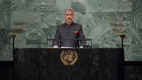 External affairs minister S Jaishankar addresses the 77th session of the United Nations General Assembly (UNGA) on Saturday.&nbsp;(AP)