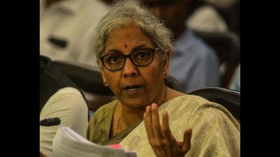 Nirmala Sitaraman during a press meet at Council hall on Saturday. (Shankar Narayan/HT PHOTO)