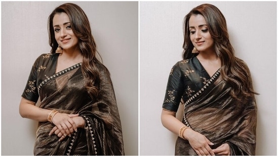 Trisha Krishnan in Grey wine ombre saree – Sawan Gandhi Online Store