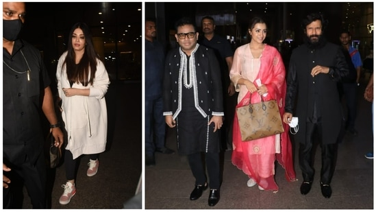 The Ponniyin Selvan I stars including Aishwarya Rai, Trisha and Vikram, along with music composer AR Rahman, were spotted at the Mumbai airport upon their arrival from Hyderabad late Friday. While Aishwarya made a separate exit, the other three were spotted together at the Arrivals. (Varinder Chawla)
