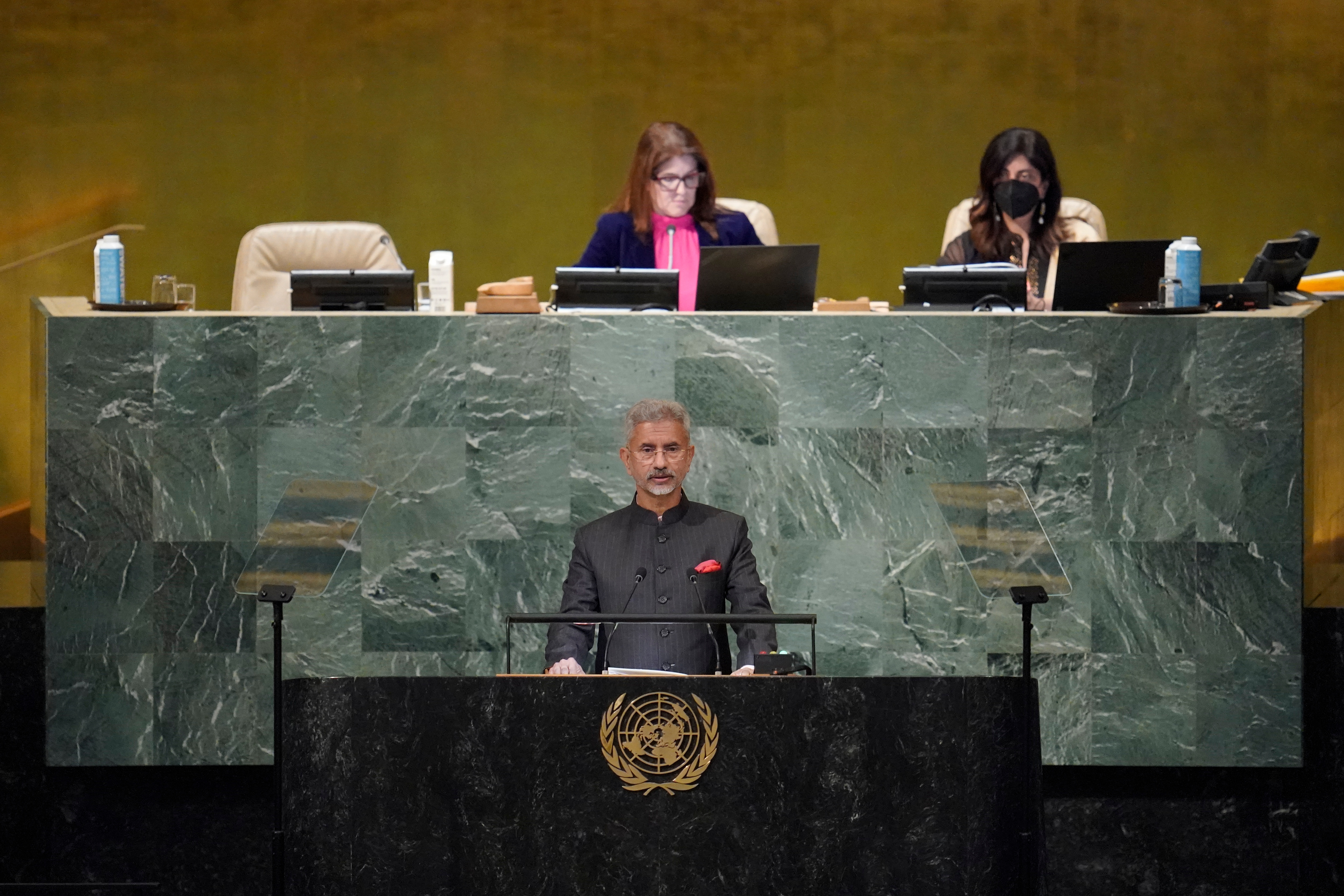 External affairs minister S Jaishankar addresses the 77th session of the United Nations General Assembly (UNGA) on Saturday. (AP) External affairs minister S Jaishankar addresses the 77th session of the United Nations General Assembly (UNGA) on Saturday. (AP)