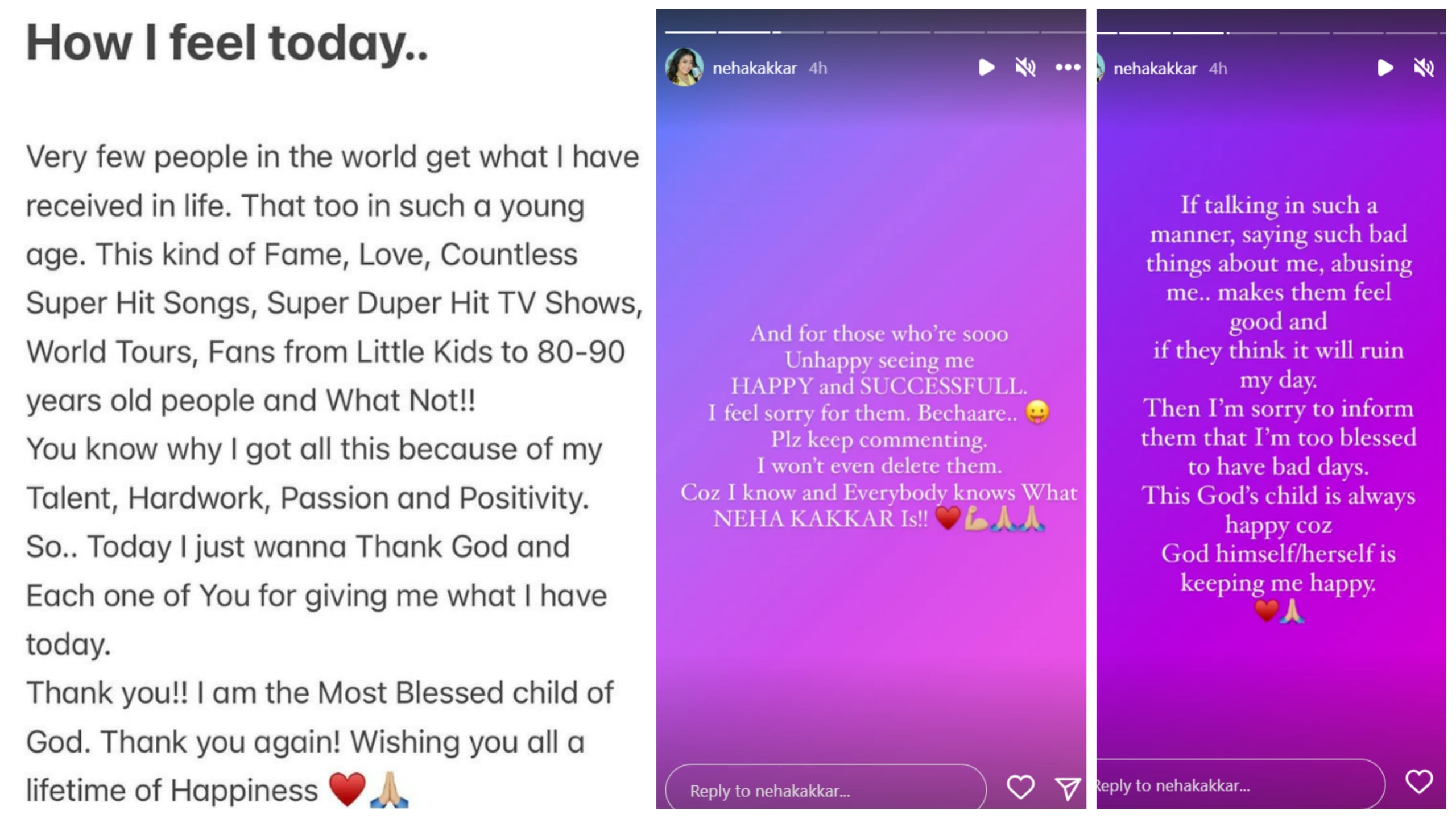 Neha Kakkar shares messages for her critics on Instagram.