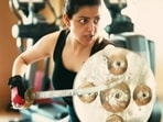 Kajal Aggarwal practising Kalaripayattu. Kajal Aggarwal practising Kalaripayattu.