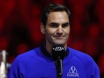 Switzerland's Roger Federer speaks at the presentation ceremony as Team World players celebrate victory over Team Europe in the 2022 Laver Cup Switzerland's Roger Federer speaks at the presentation ceremony as Team World players celebrate victory over Team Europe in the 2022 Laver Cup