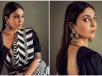 Shefali Shah in a monochrome belted saree and retro blouse. Shefali Shah in a monochrome belted saree and retro blouse. 