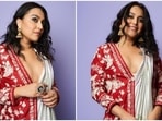 Swara Bhasker poses in a stylish saree, bralette and jacket for a photoshoot. (Instagram) Swara Bhasker poses in a stylish saree, bralette and jacket for a photoshoot. (Instagram)
