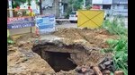 The road portion which caved in at Saggu Chowk in Ludhiana on Sunday. (Harvinder Singh/HT) The road portion which caved in at Saggu Chowk in Ludhiana on Sunday. (Harvinder Singh/HT)
