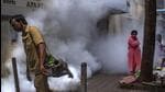 Mumbai, India - August 02, 2022: A BMC worker fumigates the area as a preventive measure against the spread of dengue and malaria diseases during monsoon season, at Byculla, in Mumbai, India, on Tuesday, August 02, 2022. (Photo by Satish Bate/Hindustan Times) (Satish Bate/HT PHOTO) Mumbai, India - August 02, 2022: A BMC worker fumigates the area as a preventive measure against the spread of dengue and malaria diseases during monsoon season, at Byculla, in Mumbai, India, on Tuesday, August 02, 2022. (Photo by Satish Bate/Hindustan Times) (Satish Bate/HT PHOTO)
