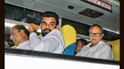 Congress MLAs on their way to speaker CP Joshi’s residence in Jaipur on Sunday. (PTI) Congress MLAs on their way to speaker CP Joshi’s residence in Jaipur on Sunday. (PTI)