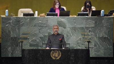 External affairs minister S Jaishankar addressed the 77th session of the United Nations General Assembly at U.N. headquarters on Saturday. (AP Photo) External affairs minister S Jaishankar addressed the 77th session of the United Nations General Assembly at U.N. headquarters on Saturday. (AP Photo)