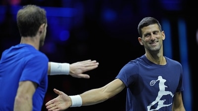 Britain's Andy Murray, left, and Serbia's Novak Djokovic attend a training session ahead of the Laver Cup tennis tournament at the O2 in London (AP) Britain's Andy Murray, left, and Serbia's Novak Djokovic attend a training session ahead of the Laver Cup tennis tournament at the O2 in London (AP)
