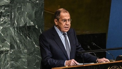 &nbsp;Russian Foreign Minister Sergey Lavrov gives a speech during the 77th session of the United Nations General Assembly (UNGA) at UN headquarters on September 24 in New York City.&nbsp; (AFP)