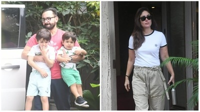 Saif Ali Khan with Taimur, Jehangir and Kareena Kapoor outside their home. (Varinder Chawla)