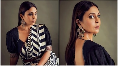 Shefali Shah in a monochrome belted saree and retro blouse. (Instagram) Shefali Shah in a monochrome belted saree and retro blouse. (Instagram)