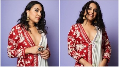 Swara Bhasker poses in a stylish saree, bralette and jacket for a photoshoot. (Instagram) Swara Bhasker poses in a stylish saree, bralette and jacket for a photoshoot. (Instagram)
