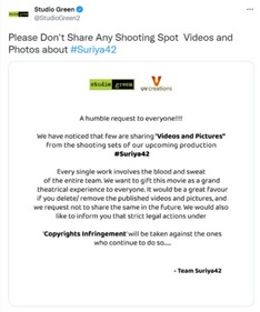 Suriya's team has warned people sharing pictures and videos from his next film. Suriya's team has warned people sharing pictures and videos from his next film.