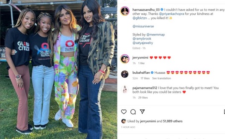 Harnaaz Sandhu poses with Priyanka Chopra at Global Citizen Festival. Harnaaz Sandhu poses with Priyanka Chopra at Global Citizen Festival.