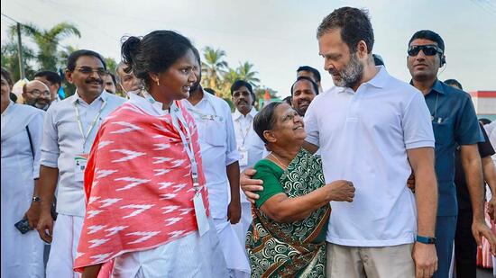 Congress leader Rahul Gandhi with an elderly supporter during the party's 'Bharat Jodo Yatra' in Thrissur, Kerala. (PTI) Congress leader Rahul Gandhi with an elderly supporter during the party's 'Bharat Jodo Yatra' in Thrissur, Kerala. (PTI)
