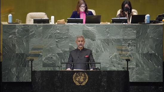 External affairs minister S Jaishankar addressed the 77th session of the United Nations General Assembly at U.N. headquarters on Saturday. (AP Photo) External affairs minister S Jaishankar addressed the 77th session of the United Nations General Assembly at U.N. headquarters on Saturday. (AP Photo)