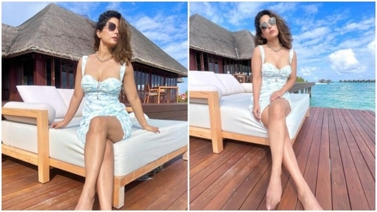 Hina Khan is in the Maldives state of mind. The actor recently took off for her vacation and since then her Instagram profile has been replete with pictures from her vacay diaries. Hina, on Sunday, made our day brighter with a slew of pictures from her trip diaries in Maldives. Needless to say, she also gave us major travel fashion goals.(Instagram/@realhinakhan)