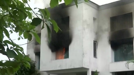 Vanatara resort in Rishikesh, Uttarakhand set on fire by locals.(ANI) Vanatara resort in Rishikesh, Uttarakhand set on fire by locals.(ANI)