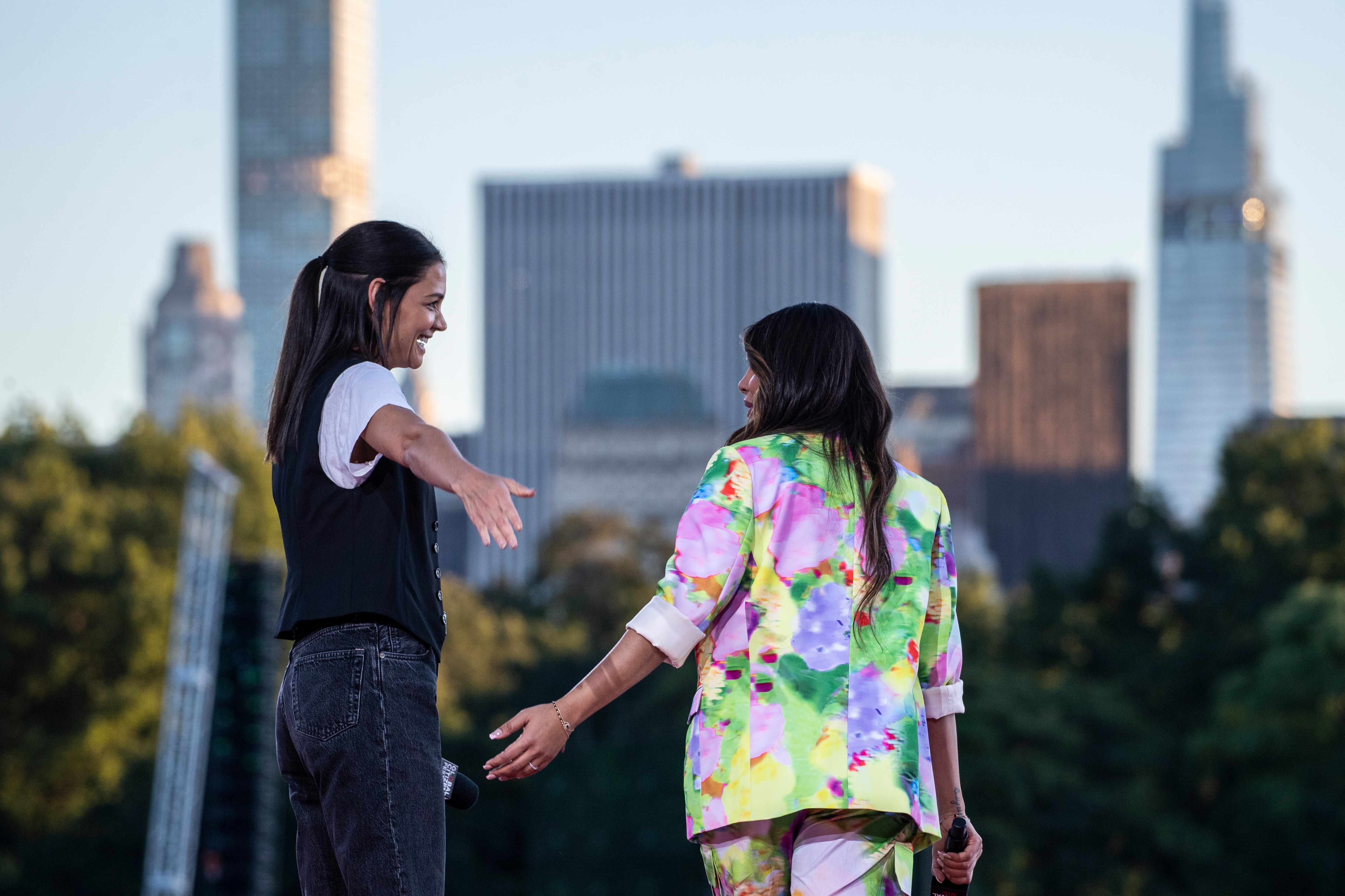 Katie Holmes and Priyanka Chopra speak at the Global Citizen Festival. (AP) Katie Holmes and Priyanka Chopra speak at the Global Citizen Festival. (AP)