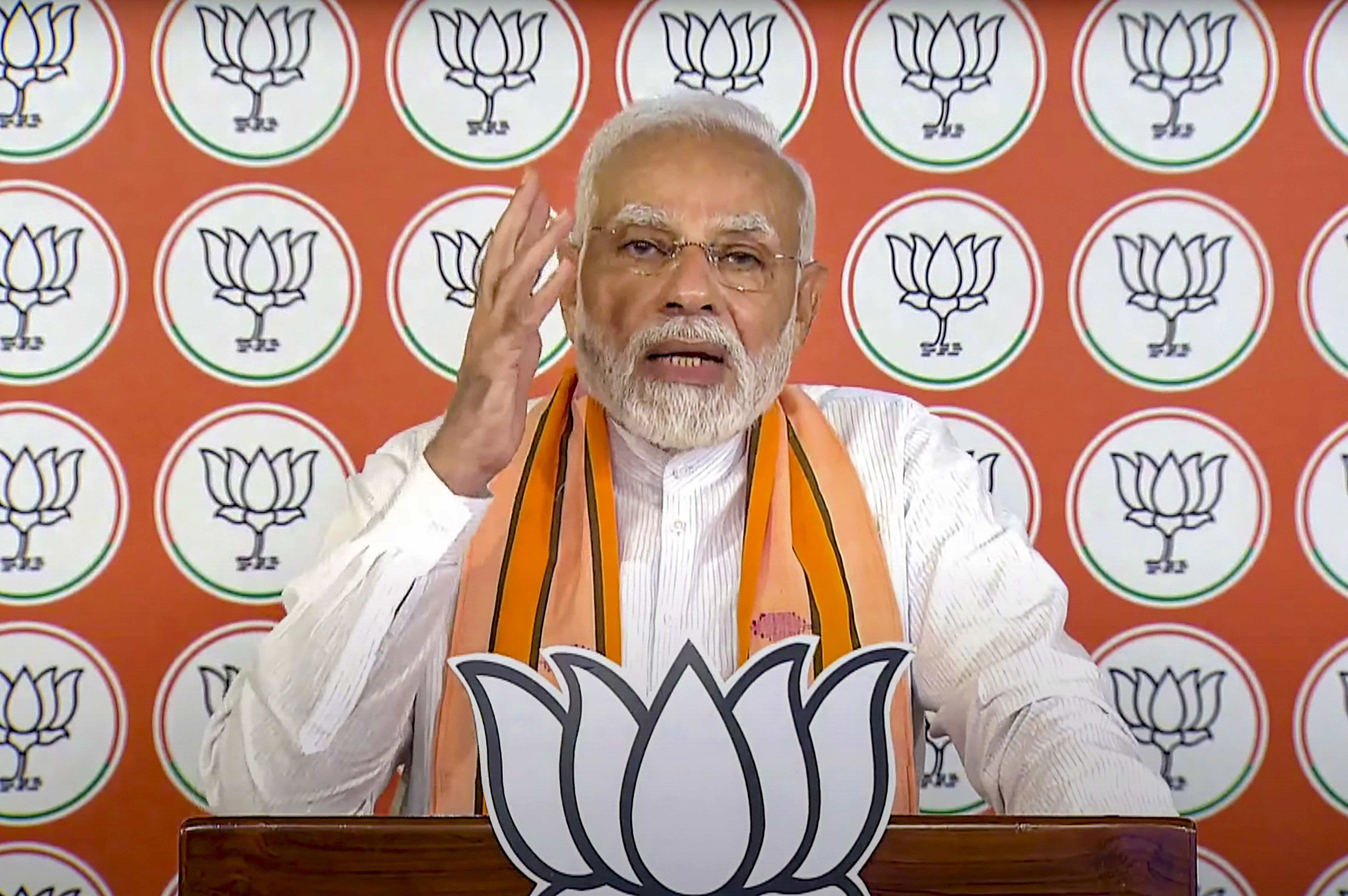 PM Modi addresses the 'Yuva Vijay Sankalp' rally, via video conferencing. (PTI) PM Modi addresses the 'Yuva Vijay Sankalp' rally, via video conferencing. (PTI)