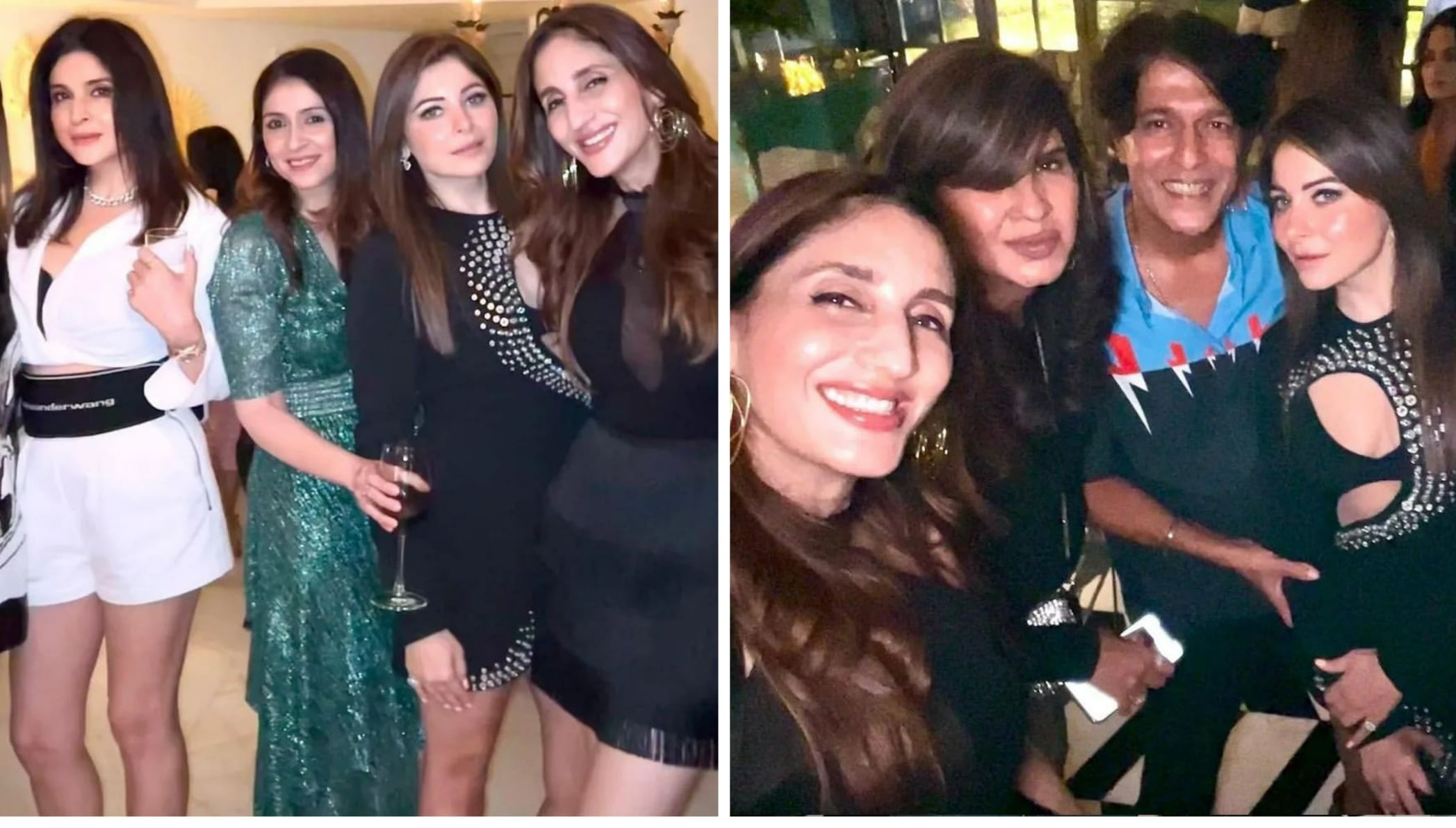 Bhavana Pandey poses with Maheep Kapoor, Kanika Kapoor and Farah Khan Ali (left) Chunky Panday with Kanika Kapoor (right).