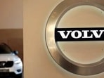 FILE - In this Feb. 6, 2020 file photo a Volvo car is parked behind the Volvo logo in the lobby of the company's corporate headquarters, in Brussels. (Used only for representation)