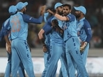 India's Bhuvneshwar Kumar, second right, celebrates with teammates the dismissal of Australia's Cameron Green&nbsp;