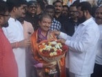 Personal assistant of late Sena chief Bal Thackeray Champa Singh Thapa has joined the Shinde group in the presence of Chief Minister Eknath Shinde in Devi's procession in Thane on Monday.(praful Gangurde/HT photos) Personal assistant of late Sena chief Bal Thackeray Champa Singh Thapa has joined the Shinde group in the presence of Chief Minister Eknath Shinde in Devi's procession in Thane on Monday.(praful Gangurde/HT photos)