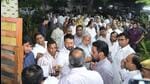 Congress lawmakers outside Rajasthan assembly speaker CP Joshi’s residence. (PTI) Congress lawmakers outside Rajasthan assembly speaker CP Joshi’s residence. (PTI)