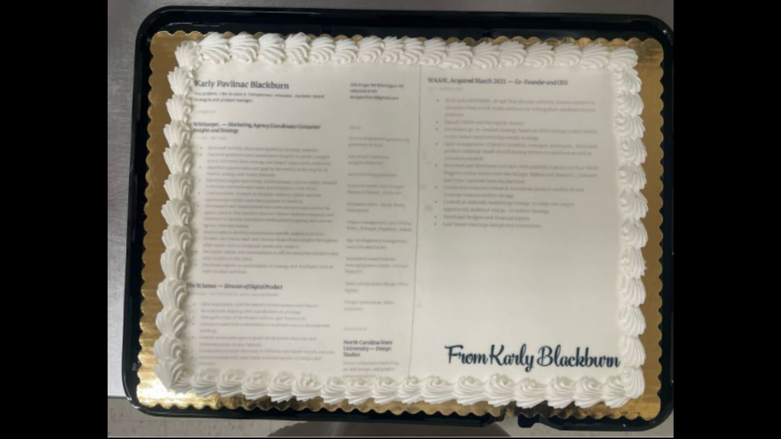 embudo Posibilidades Rápido Woman prints resume out on a cake and sends it to Nike. See viral LinkedIn  post | Trending - Hindustan Times