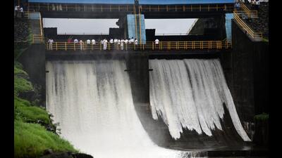The level of water at Morbe dam has gone up to 87.55m out of the total capacity of 88m. Another spell of heavy rain might result in the water overflowing. (HT FILE PHOTO)